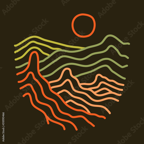 Mountains with mono line abstract graphic illustration vector art t-shirt design