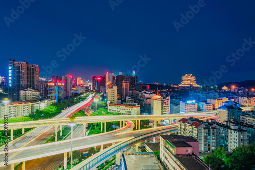 Nanning city night skyline, Qingzhu interchange and Yongzhou Pavilion, Guangxi