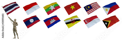 Canvas Print 3D Render : bronze male dummy model is holding and waving the flag of the countr