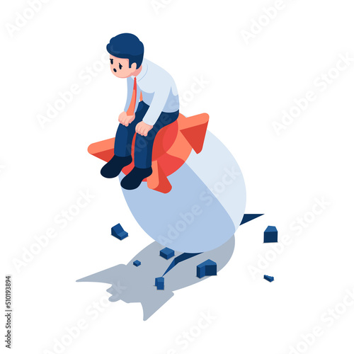 Isometric Businessman Sitting on Crashed Rocket Spaceship