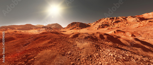 Valokuva Mars planet landscape, 3d render of imaginary mars planet terrain, orange eroded desert with mountains and sun, realistic science fiction illustration