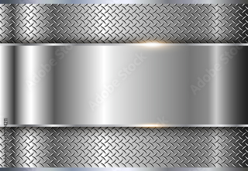 Silver metallic background, shiny and lustrous metal banner with diamond plate texture, 3D chrome glossy vector illustration.