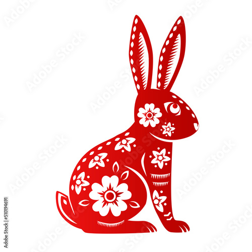 Zodiac sign, year of the Rabbit, with red paper cut art on white color background