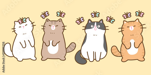 Vector illustration of cute cartoon cat characters on yellow background.