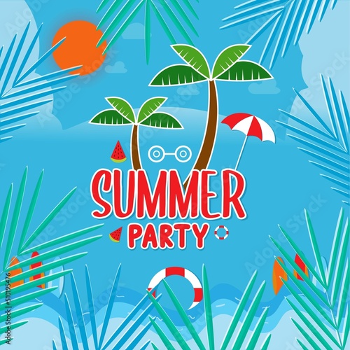 Summer party T shirt Design, colorful Summer Background Vector Illustration for Beach Holidays Hello Summer with doodle sun.