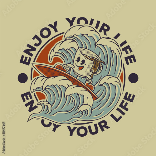 Cartoon emblem of surfing coffee cup with retro style