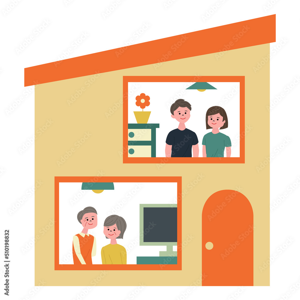 二世帯住宅に暮らす家族のイラスト 二世帯住宅に暮らす家族のイラスト