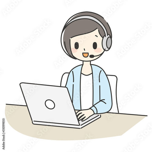 ノートパソコンでオンラインミーティングをする女性【上着】【青】