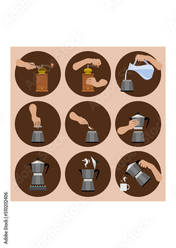 Editable Percolator Coffee Brewing Instruction Vector Illustration Icons Set for Cafe with Italian History and Culture Tradition Related Design