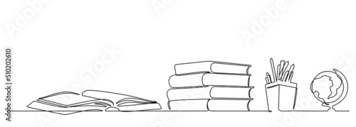 one line drawing of school stationery objects such as stack of book,pencil case,global stand map : back to school concept vector illustration
