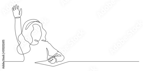continuous line drawing of happiness student hand up answer : back to school concept vector illustration