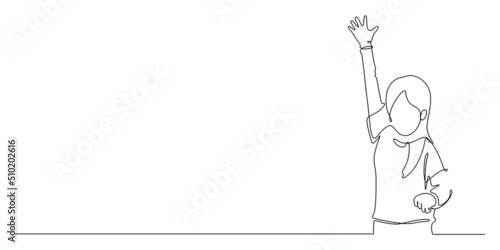 continuous line drawing of happiness girl student hand up volunteer : back to school concept vector illustration