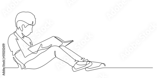 one line drawing of boy reading a book : back to school concept vector illustration