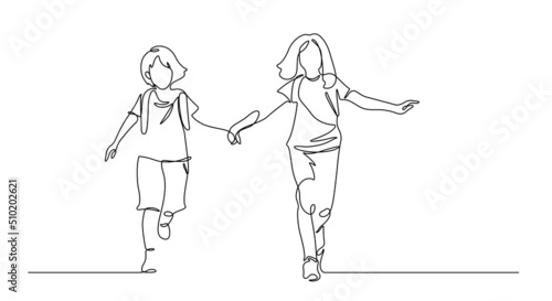 one line drawing of happiness students group enjoy school finish : back to school concept vector illustration