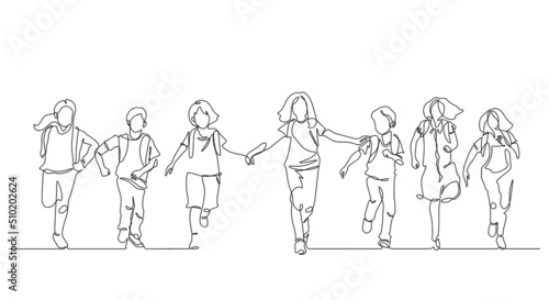 one line drawing of happiness students group enjoy school finish