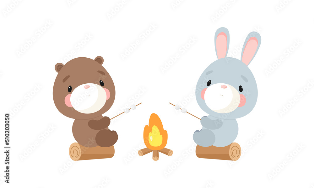 Cute teddy bear and rabbit roast marshmallows on a bonfire. Cartoon style. Vector illustration. For card, posters, banners, books, printing on the pack, printing on clothes, textile or dishes. Cute teddy bear and rabbit roast marshmallows on a bonfire. Cartoon style. Vector illustration. For card, posters, banners, books, printing on the pack, printing on clothes, textile or dishes.