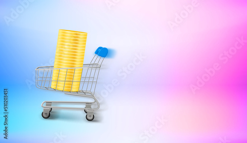 Metal trolley with money and motion blur effect. 3d vector banner with copy space photo