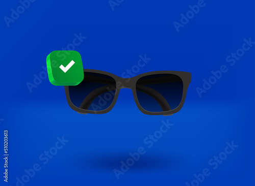 Sunglasses with checkmark icon. 3d vector illustration