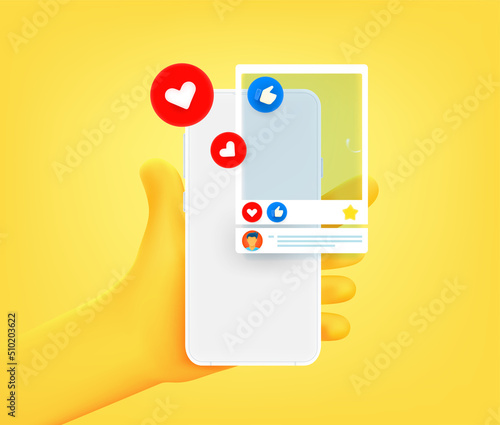 Social media post with reactions on smartphone screen. 3d vector illustration