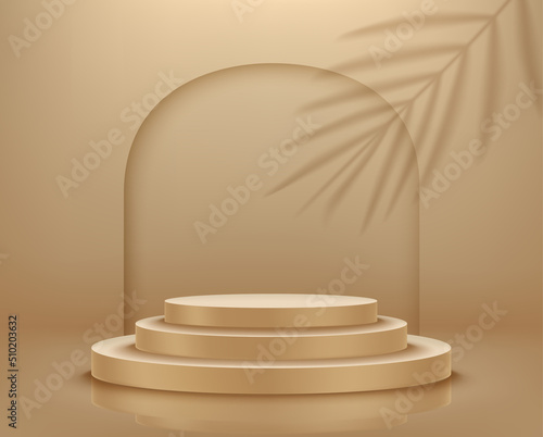 Golden empty podium with tropical plant shadow. 3d vector illustration