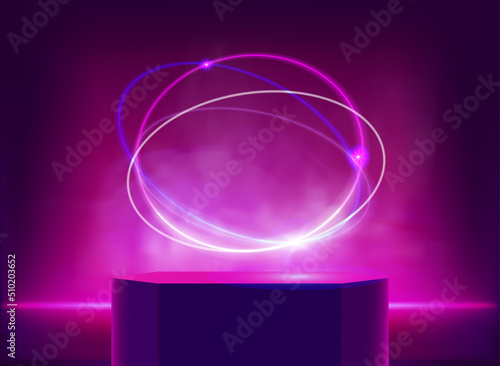illuminated violet studio with neon light, portal and podium. 3d vector illustration