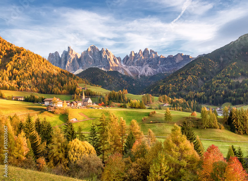Val di Funes in Autumn. Santa Maddalena Church and mountains. Dolomite's Mountains, Italy