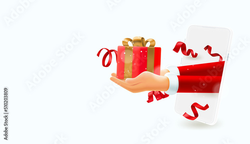 Santa Claus giving the gift. Christmas internet delivery via smart phone concept. 3d vector banner with copy space