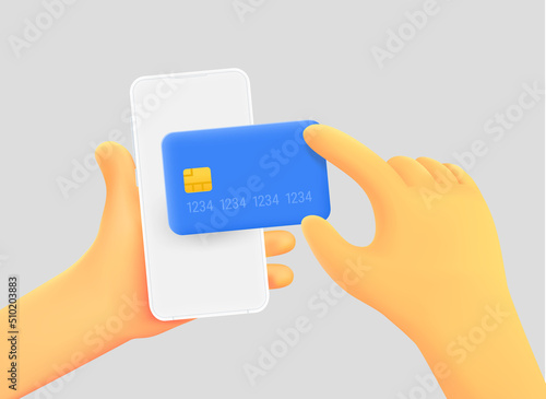 Hand holding smartphone with credit card. 3d vector illustration