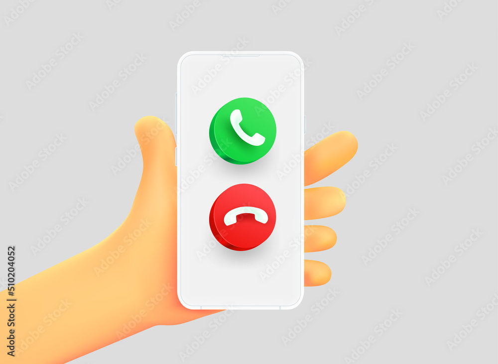 Hand holding smartphone with telephone call icons. 3d vector illustration Hand holding smartphone with telephone call icons. 3d vector illustration
