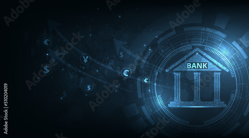 Banking and Finance concept illustration.Banking Technology concept.Isometric illustration of bank on dark blue technology background. Digital connect system.Financial and Banking technology concept.