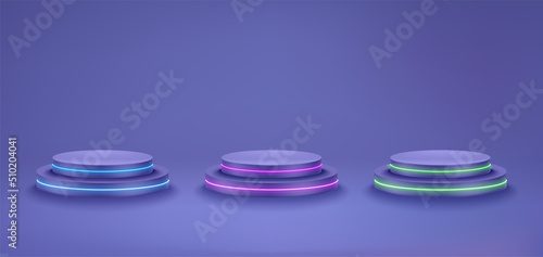 Very peri interior with podiums with color neon. Vector 3d illustration