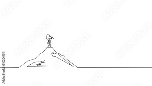 Successful businessman holding a flag on top of a mountain. continuous line drawing business concept vector