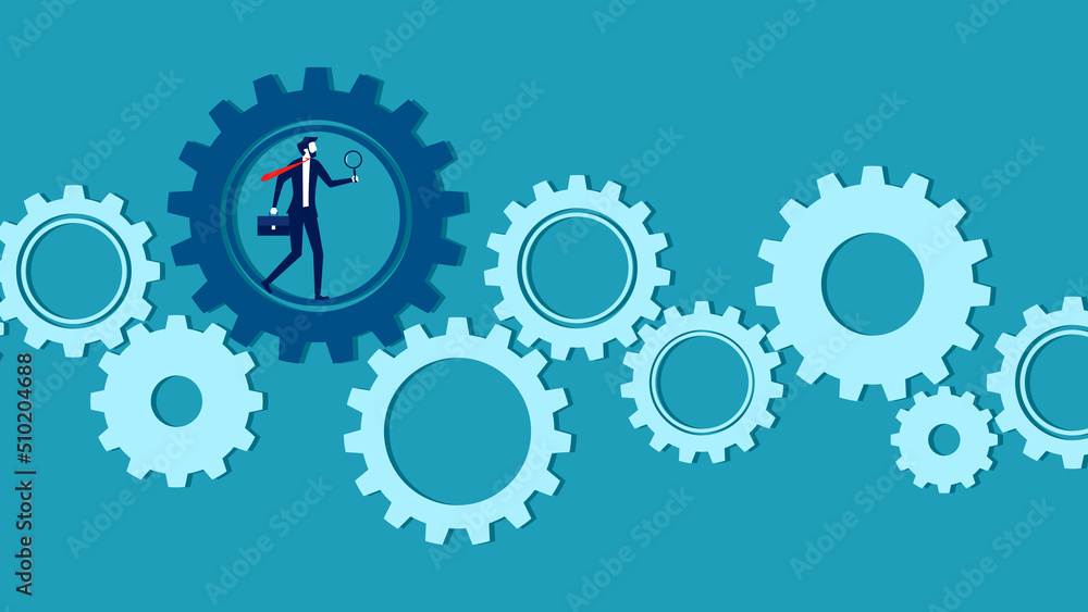 Search engines and analysis. Businessman magnifying glass on gears. Business concept vector illustration