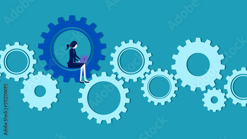 Mechanism to drive business. Business woman working on gears. business concept vector illustration