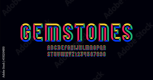 Alphabet from multi colored chiseled block, facet font, beveled letters and numbers