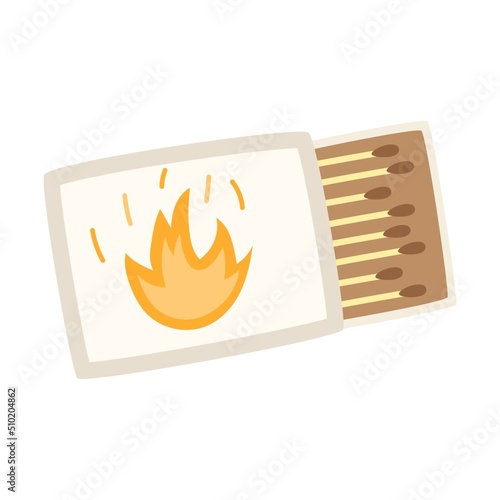 A matchbox with matches. Camping igniter. A fire starter. Equipment for tourism, travel, picnic, hiking, sports. Flat vector illustration isolated on a white background.