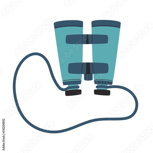 Binoculars with a neck shoulder strap. Binocular chest harness. Optical device with zoom. Equipment for hunting, tourism, travel, hiking. Flat vector illustration isolated on a white background.