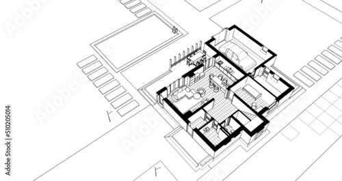 abstract modern house plan 3d rendering