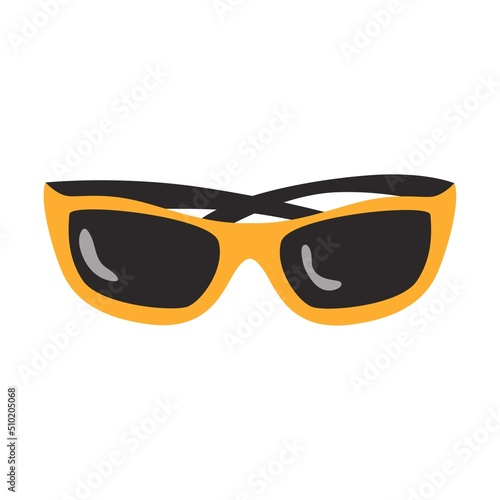 Sunglasses with yellow frames. Summer personal accessory. Folded sunglasses. Equipment for hiking, tourism, travel. Flat vector illustration isolated on a white background.