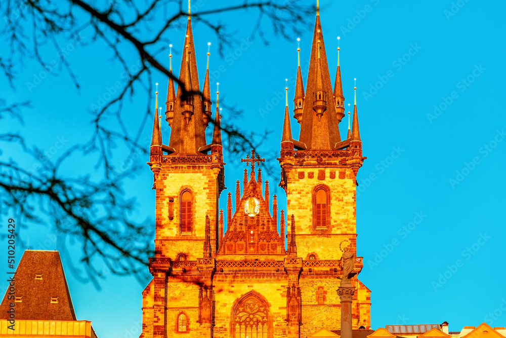 European landmark Church of Our Lady before Tyn on Old Town Square in Prague, Czech Republic, on blue sky background