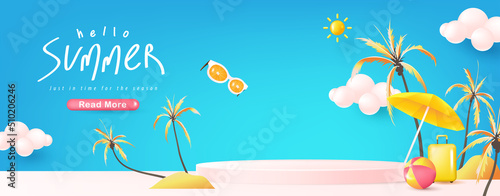 Summer sale banner template for promotion with product display cylindrical shape and beach background