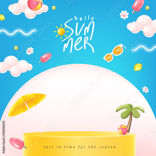 Summer sale banner template for promotion with product display cylindrical shape and beach background