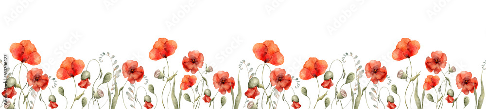 Obraz premium Watercolor red poppy flowers border hand drawn illustration