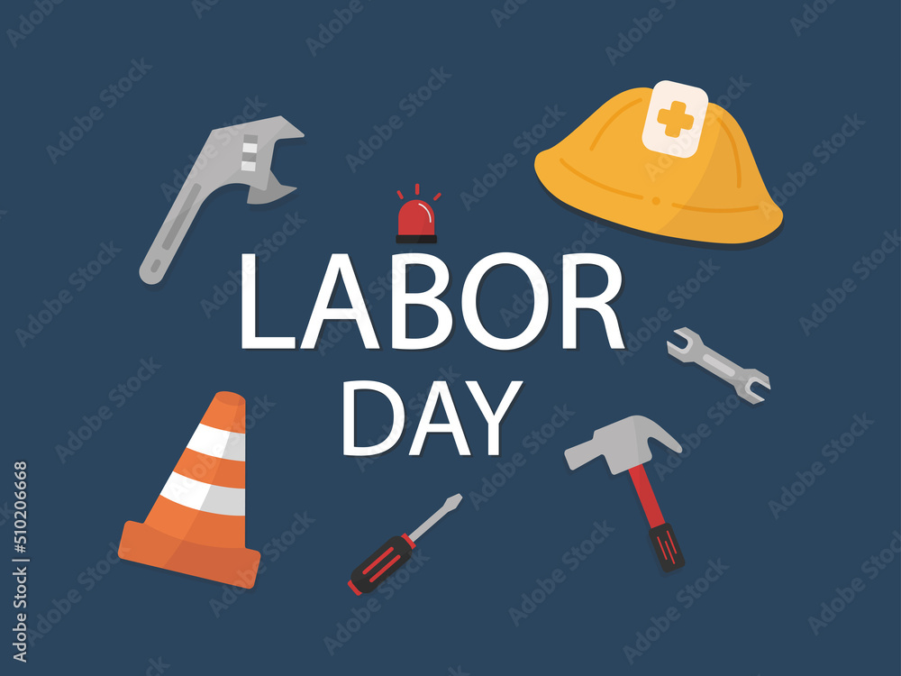Vector cartoon icon of equipment with Labor Day lettering isolated on blue background. USA Labor day festival design vector. Vector cartoon icon of equipment with Labor Day lettering isolated on blue background. USA Labor day festival design vector.