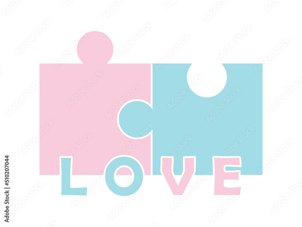 Simple colored element of two puzzles with white stroke and text LOVE. Decorative vector illustration isolated on white background. Love concept, combining puzzle parts into whole, letters on puzzles. Simple colored element of two puzzles with white stroke and text LOVE. Decorative vector illustration isolated on white background. Love concept, combining puzzle parts into whole, letters on puzzles.
