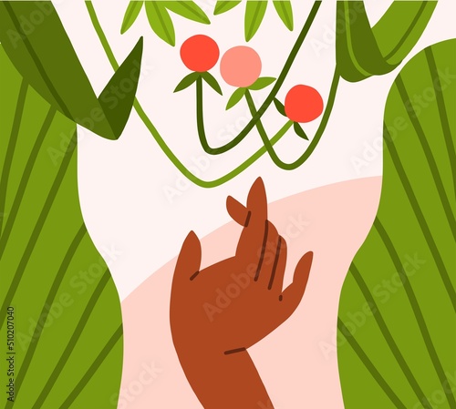 Hand drawn vector abstract modern graphic,clipart illustration of person hand picking berries in tropical nature with abstract shapes,leaves,flowers.Modern boho woman design.Feminine nature concept.
