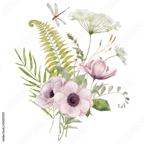 Wild flowers watercolor bouquet botanical hand drawn illustration Fototapet