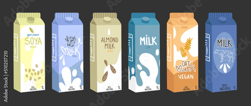 collection of milk vector box stickers. a set of regular milk, oats, soy, rice milk. Packing a bottle of milk in trendy hand-drawn bright colors