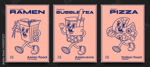 Collection of trendy food posters. Pizza, noodles, bubble tea walk. Asian and Italian food. For banners, printing, wall decor