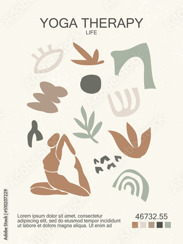 Сollection of aesthetic yoga therapy stickers with a girl and various abstract elements in a minimalist style. Fashion poster for print, wall decor